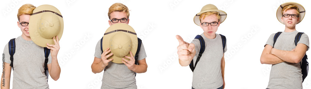 Young boy in cork helmet with backpack Young boy in cork helmet with backpack