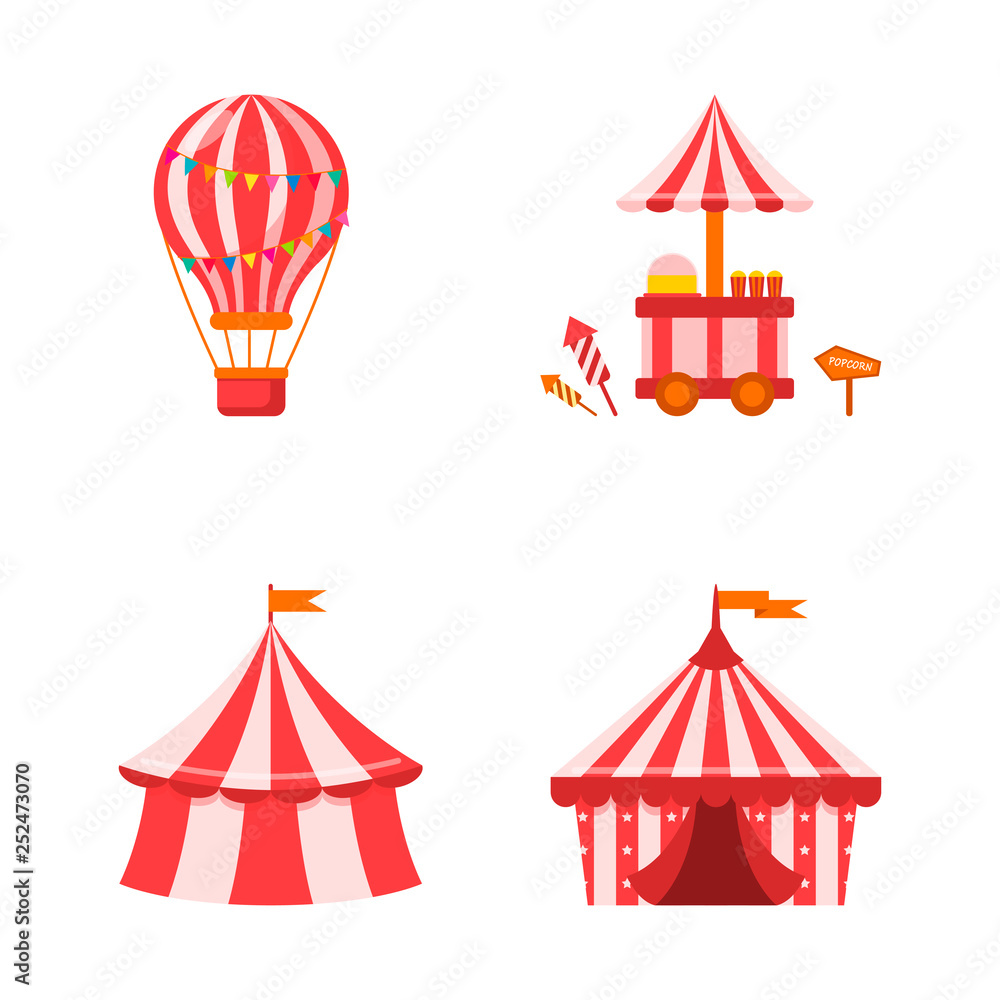 An amusement park with a circus, a tent, a big balloon and a carnival fun fair. Vector illustration on white isolated background An amusement park with a circus, a tent, a big balloon and a carnival fun fair. Vector illustration on white isolated background