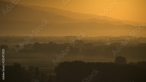 Ealry morning mist on the fields beside lake Kerkini in Macedonia, Greece.