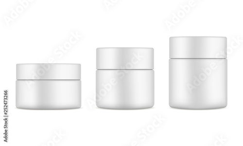 Set of plastic cosmetic jars mockups isolated on white background. Cosmetics packaging 50ml, 100ml, 150ml. Vector illustration