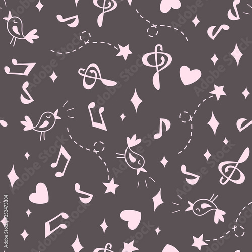 Seamless Music Pattern. Pink on Grey Background.