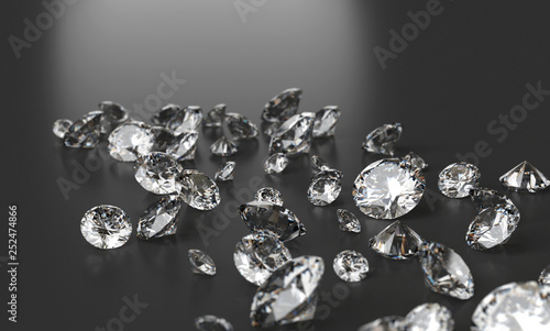 Realistic diamonds on black background, 3D illustration.