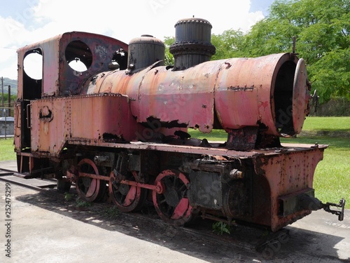 Rear side view of the relics of the old train used to transport sugar at the Japanese sugar mill in Songsong, Rota, Northern Mariana Islands 