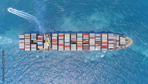 Aerial top view container ship on the sea full loadcontainer for logistics, import export, shipping or transportation.