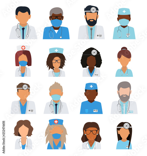 Male and female doctors team avatars. Doctors and Nurse team, hospital staff. User icons. Doctor avatar flat vector set isolated on white background