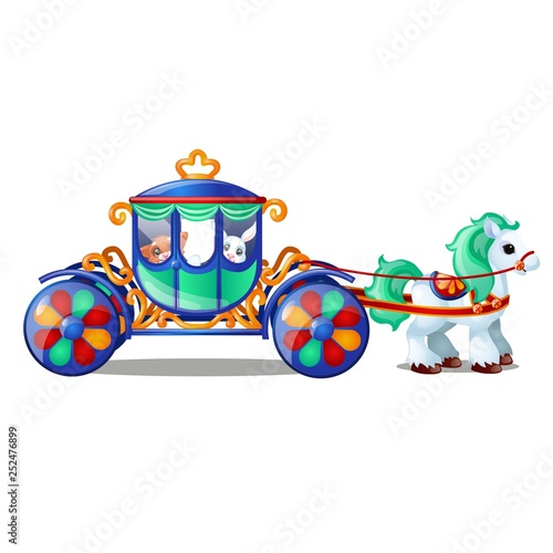 Animated circus horse or pony carries small animals in the carriage isolated on white background. Vector cartoon close-up illustration.