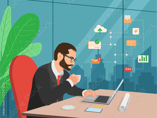 freelance job vector illustration. man working on internet using laptop and drinking coffee. work at home. travel and work