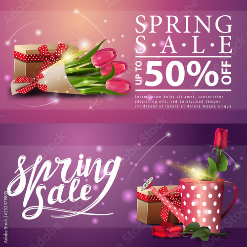 Spring sales banners with rose in the watering can and bouquet of tulips