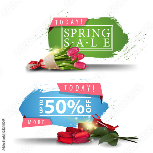 Spring sales banners with buttons, bouquet of tulips, roses with gift