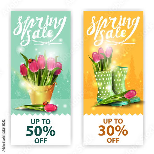 Spring sales banners with bouquets of tulips in a yellow bucket and women's rubber boots