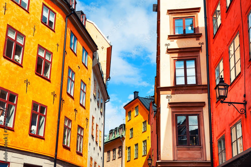 Beautiful street with colorful buildings in Stockholm, Sweden
