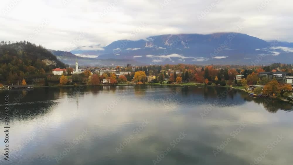 Beautiful aerial autumn landscape around Lake Bled with the caslte and church Beautiful aerial autumn landscape around Lake Bled with the caslte and church