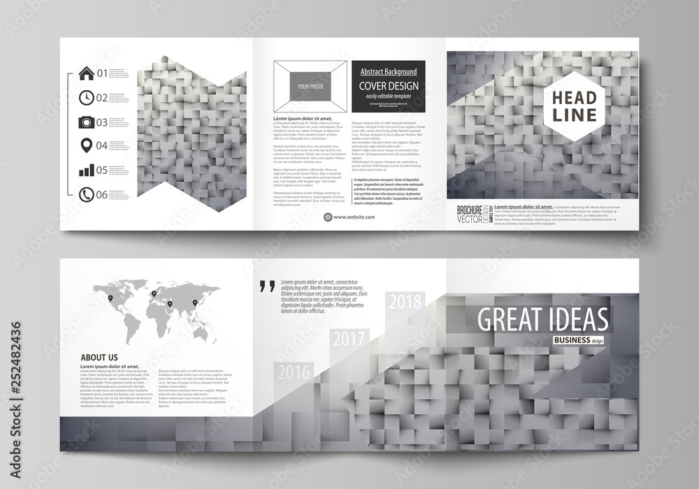 Set of business templates for tri fold square design brochures. Leaflet cover, abstract layout, easy editable vector. Pattern made from squares, gray background in geometrical style. Simple texture.