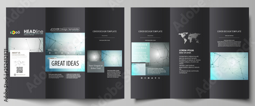 Tri-fold brochure business templates on both sides. Abstract vector layout in flat design. Geometric background, connected line and dots. Molecular structure. Scientific, medical, technology concept.