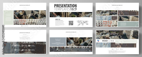 Business templates in HD format for presentation slides. Easy editable abstract vector layouts in flat design. Colorful background made of dotted texture for travel business, urban cityscape.