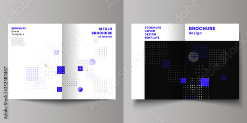 The vector layout of two A4 format modern cover mockups design templates for bifold brochure, magazine, flyer, booklet, annual report. Abstract vector background with fluid geometric shapes.
