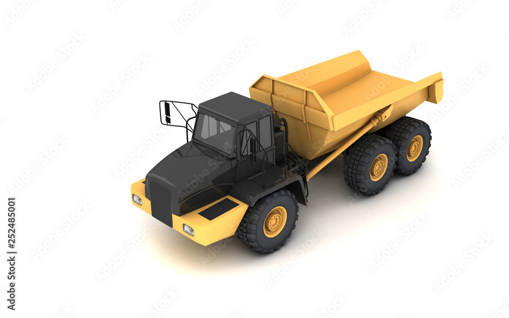 Isometric projection of yellow powerful articulated dumper truck isolated on white background. Front side view. Perspective. High angle. Left side. Isometric projection of yellow powerful articulated dumper truck isolated on white background. Front side view. Perspective. High angle. Left side.