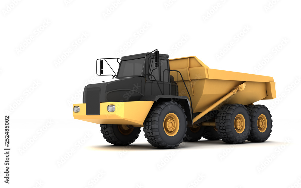 Powerful articulated dumper truck isolated on white background. Front side view. Perspective. Left side. Low angle.