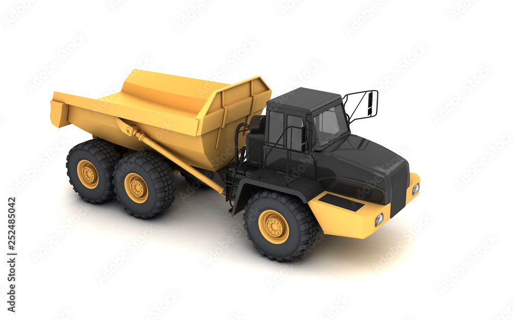 Isometric projection of yellow powerful articulated dumper truck isolated on white background. Front side view. Perspective. High angle. Right side.