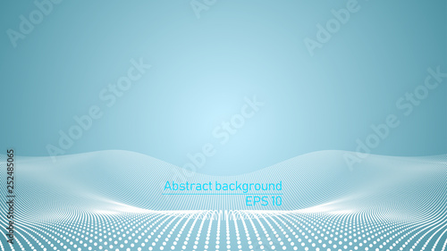 Illustration of futuristic vector background. Science or Technology concept. Vectorized 3d shape from white dots on blue background alike on 3d landscape. Template for designers