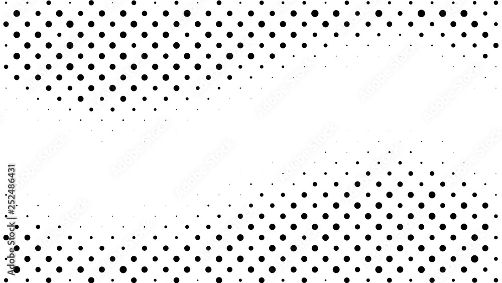 Halftone gradient pattern. Abstract halftone dots background. Monochrome dots pattern. Pop Art, Comic small dots. Wavy twisted strip. Banner with space. Design for presentation, report, flyer, card