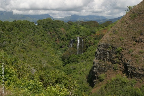 Opaeka’a Falls, Kauai, wide shot with surrounding lush forest 