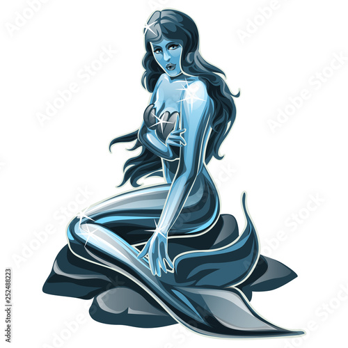 Steel sculpture of a mermaid isolated on white background. Vector cartoon close-up illustration.
