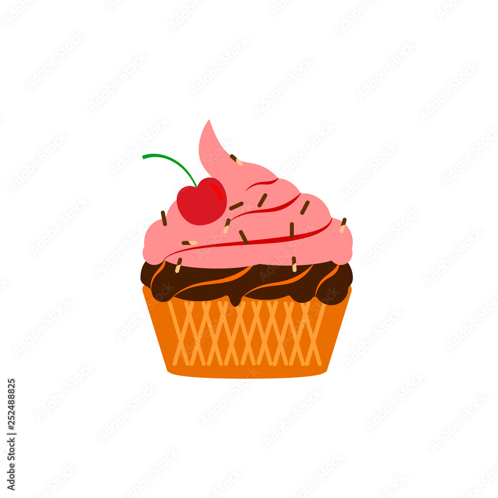Yummy cake, muffin isolated on white background. Colorful sweet homemade bakery with cherry, chocolate. Tasty cupcake. Party, celebration concept. Vector flat design Yummy cake, muffin isolated on white background. Colorful sweet homemade bakery with cherry, chocolate. Tasty cupcake. Party, celebration concept. Vector flat design