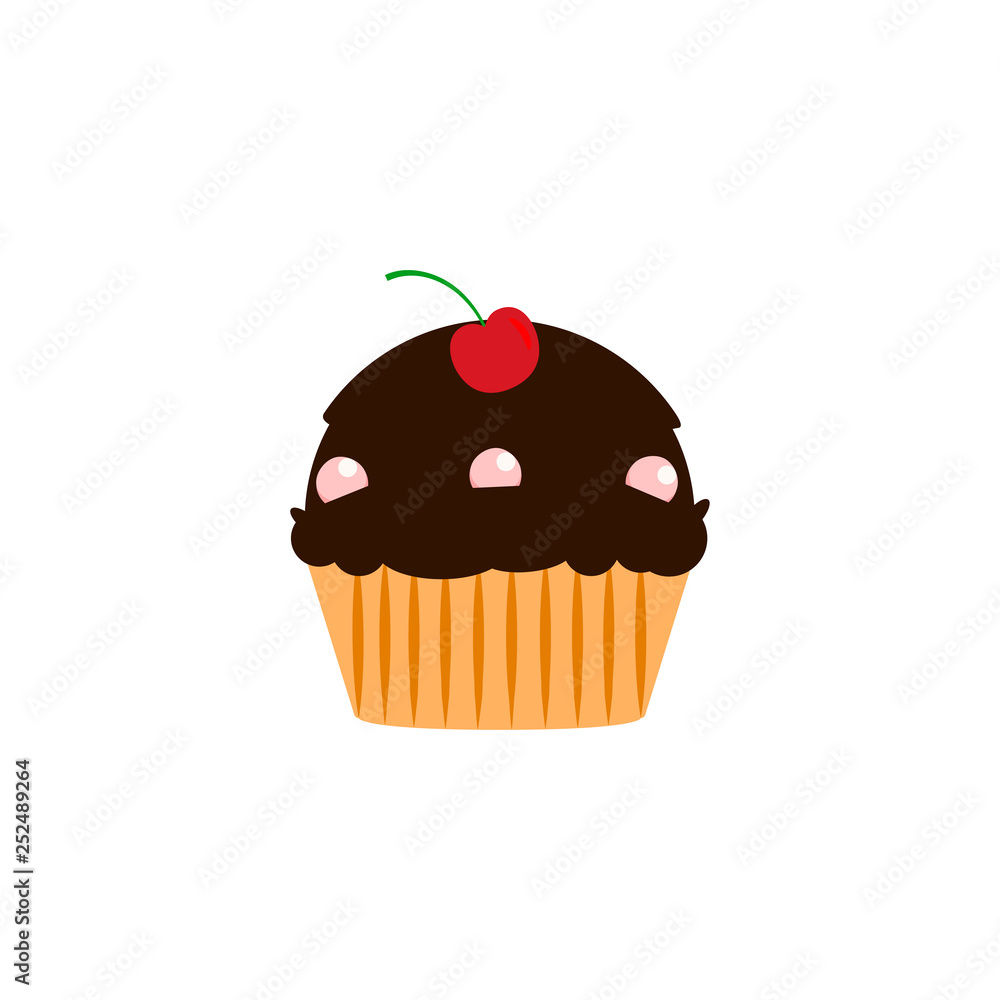 Yummy cake, muffin isolated on white background. Colorful sweet homemade bakery with cherry, chocolate. Tasty cupcake. Party, celebration concept. Vector flat design Yummy cake, muffin isolated on white background. Colorful sweet homemade bakery with cherry, chocolate. Tasty cupcake. Party, celebration concept. Vector flat design