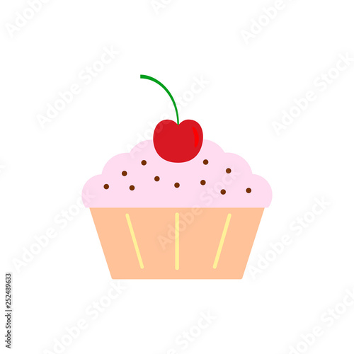 Yummy cake  muffin isolated on white background. Colorful sweet homemade bakery with cherry  chocolate. Tasty cupcake. Party  celebration concept. Vector flat design