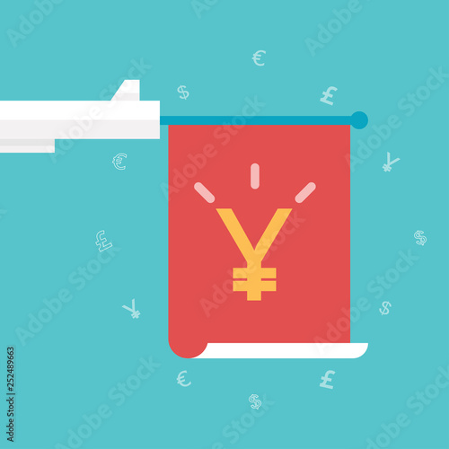 Gun with flag and yen, yuan sign isolated on background. Cash loan, fast money concept. Vector flat design