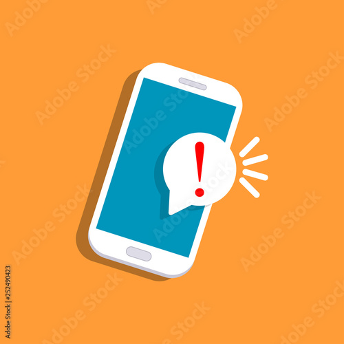 Alert notification with exclamation sign on phone screen. Important reminder isolated on background. Telephone technology. Vector flat design