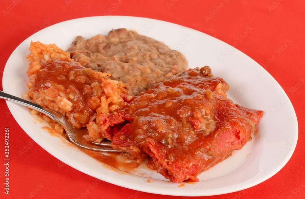 Beef Enchiladas Rojo with Rice and Refried Beans Beef Enchiladas Rojo with Rice and Refried Beans