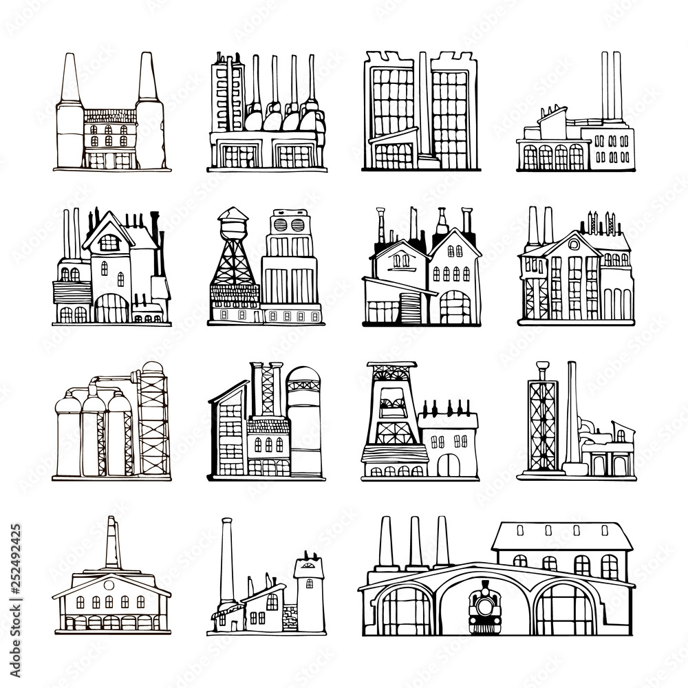 Set of abstract old factory icons featuring traditional old time industry buildings of metal and machine works. 