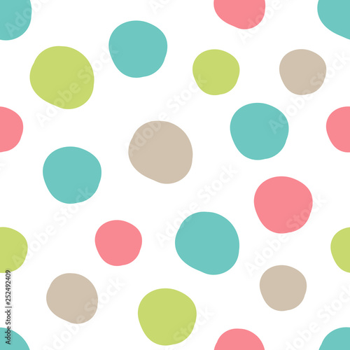 Geometrical background with uneven circles. Abstract round seamless pattern. Hand drawn colorful dots pattern on white background. Vector illustration.