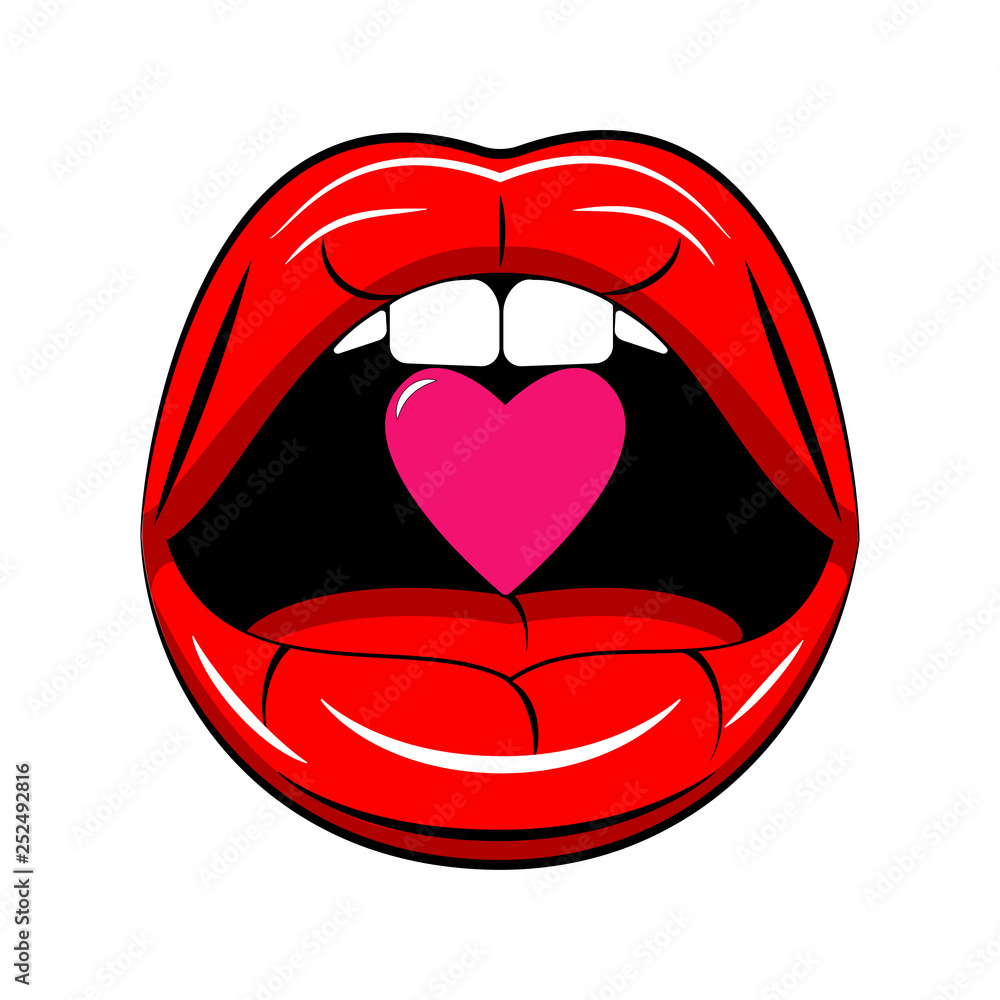 Red sexy lips isolated on background. Open mouth with tongue, teeth. Love concept. Happy Valentine day. Vector comic design Red sexy lips isolated on background. Open mouth with tongue, teeth. Love concept. Happy Valentine day. Vector comic design