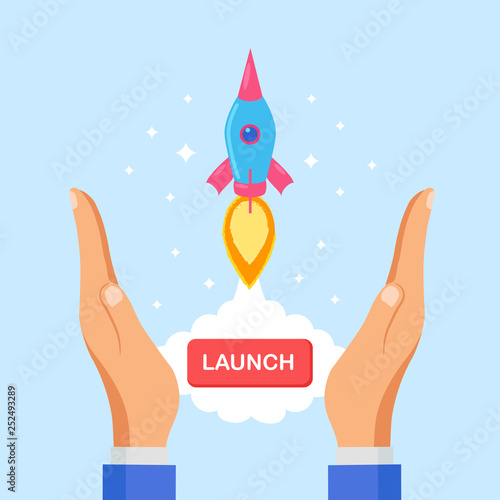 Rocket in hands isolated on background. Launch spaceship. Launching business product, project development. Start up, success concept. Vector flat cartoon design