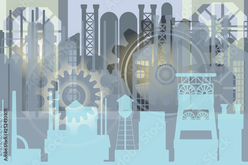 Abstract vector gray industrial background with factory silhouette and  fictional gear wheels illustrating heavy industry, metallurgy, mines, industrial revolution.