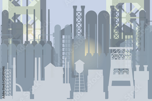 Abstract vector gray industrial background with factory silhouette and skyline illustrating heavy industry, metallurgy, mines, industrial revolution.