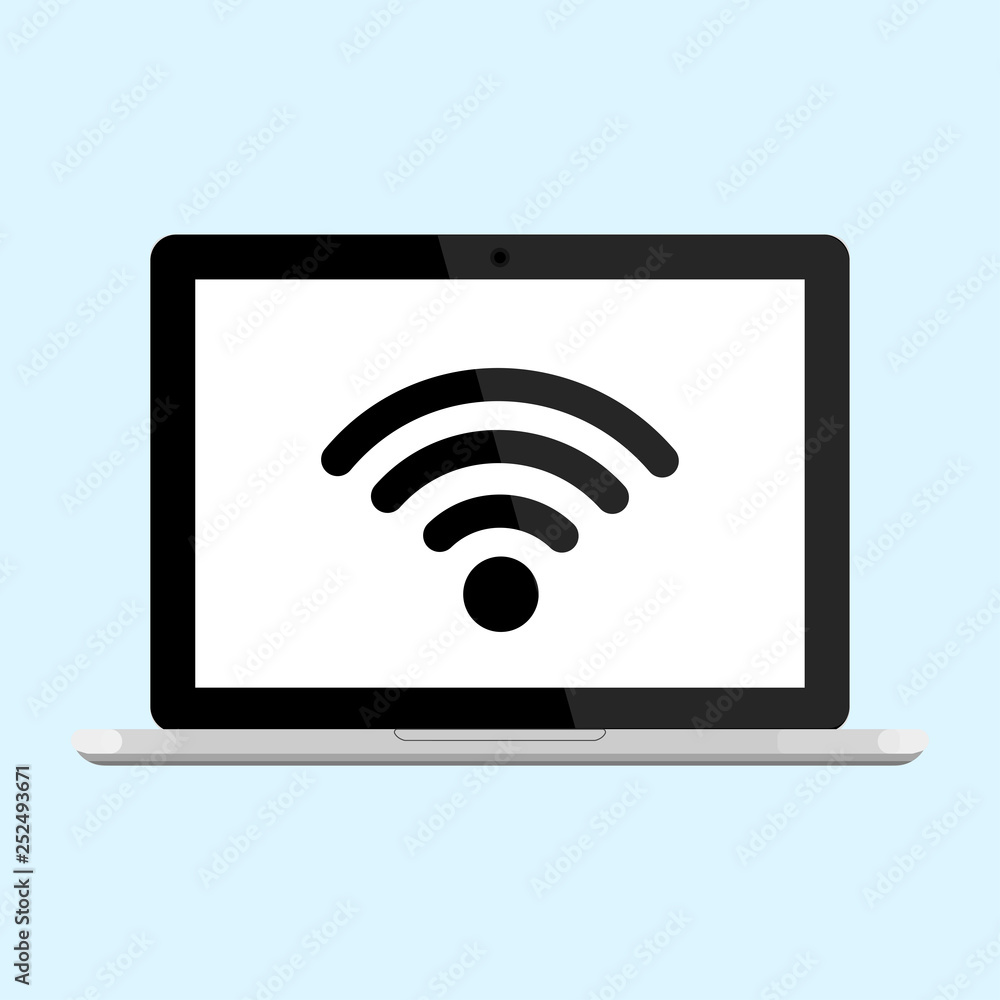 Laptop, computer with free WiFi icon isolated on background. Wireless internet connection concept. Network logo. Mobile device. Vector flat design. Laptop, computer with free WiFi icon isolated on background. Wireless internet connection concept. Network logo. Mobile device. Vector flat design.