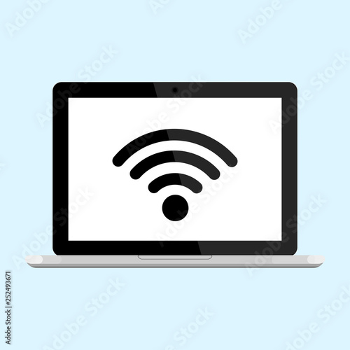 Laptop, computer with free WiFi icon isolated on background. Wireless internet connection concept. Network logo. Mobile device. Vector flat design.