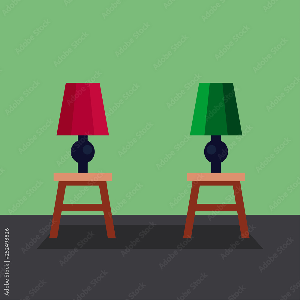 Table lamp on desk isolated on background. Furniture, equipment for home. Modern interior. Vector flat design Table lamp on desk isolated on background. Furniture, equipment for home. Modern interior. Vector flat design