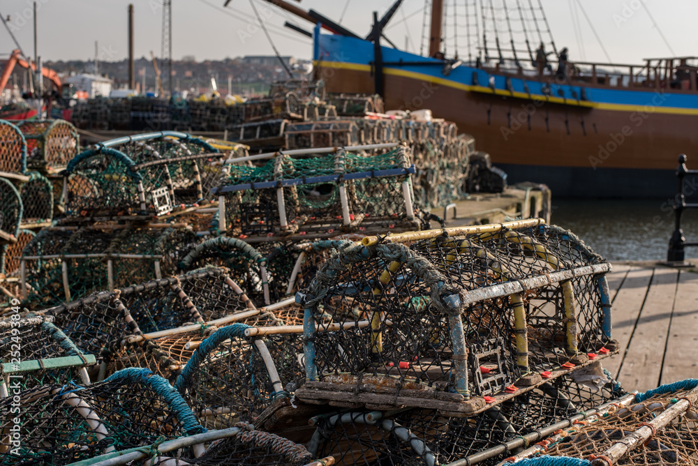 Stacked fishing creels, Whitby, England