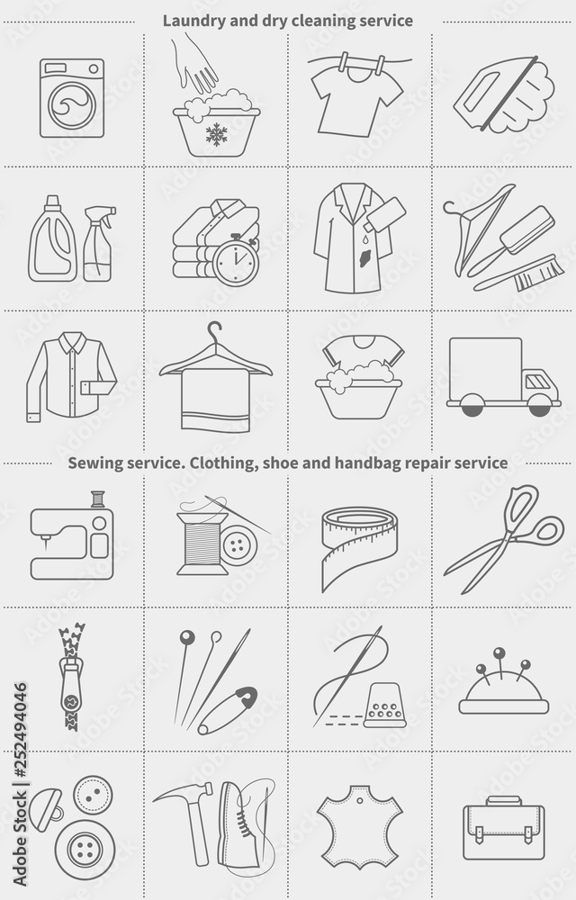 Big set of vector linear icons, labels, logos. Dry cleaning laundry and cloth washing, sewing, clothing repair service Big set of vector linear icons, labels, logos. Dry cleaning laundry and cloth washing, sewing, clothing repair service