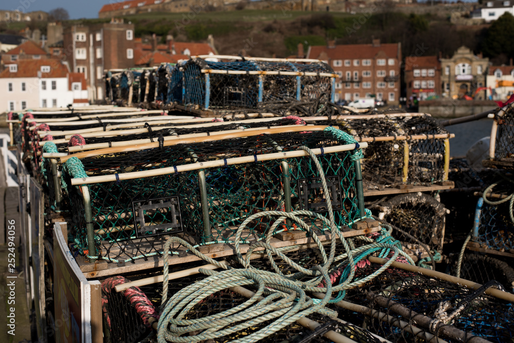 Stacked fishing creels, Whitby, England