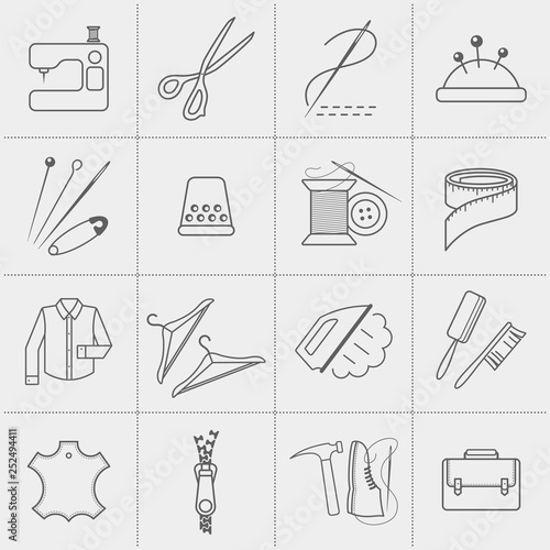 Repair service icons set. Collection of sewing tool elements