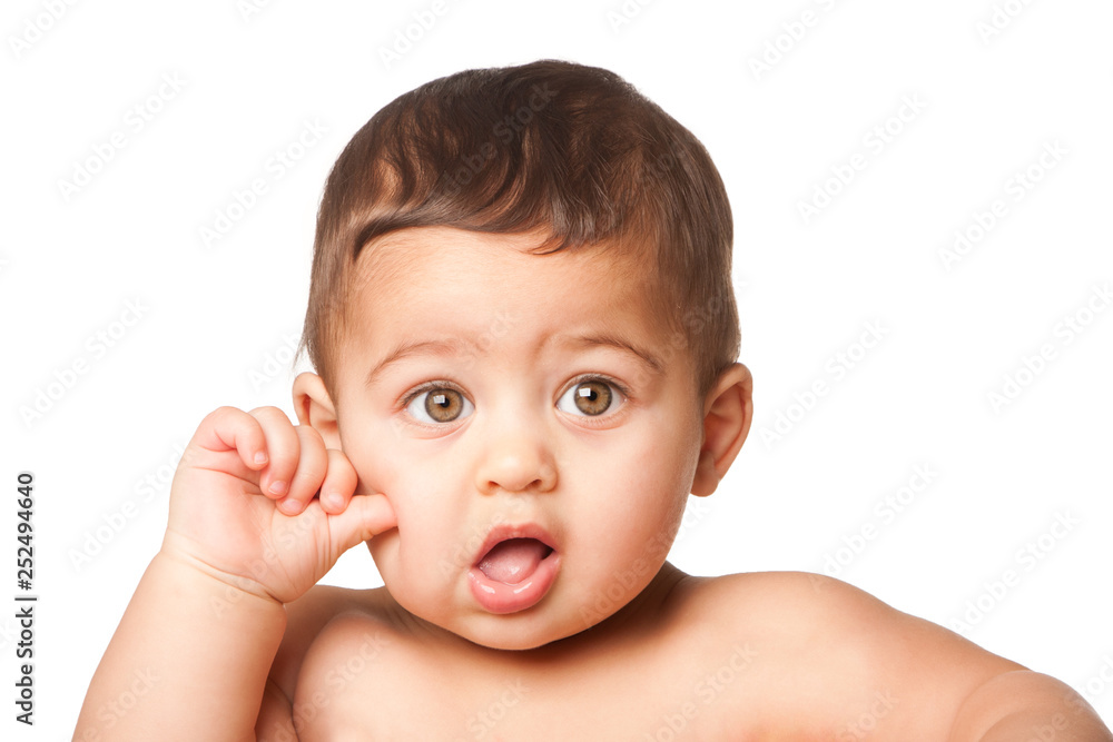 Cute baby infant with big green eyes thumb on cheek on white Cute baby infant with big green eyes thumb on cheek on white