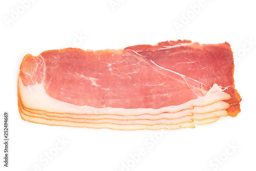 Sliced Dry Spanish ham, Jamon Serrano, Bellota, Italian Parma Prosciutto Crudo, isolated on white background. Top view
