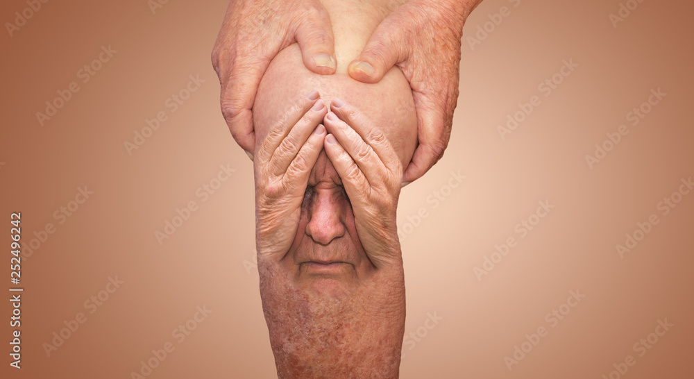 Fototapeta premium Senior man holding the knee with pain. Collage. Concept of abstract pain and despair.