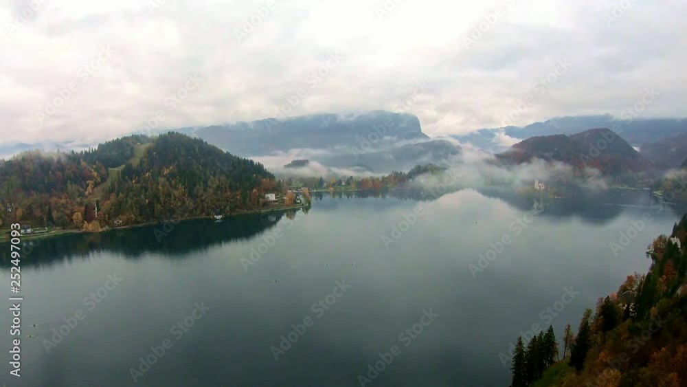 Aerial view of the famous Lake bled with the tiny island and Pilgrimage Church of the Assumption of Maria